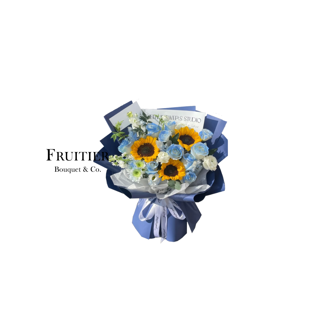 鮮花花束 - 碎冰藍混搭太陽花花束