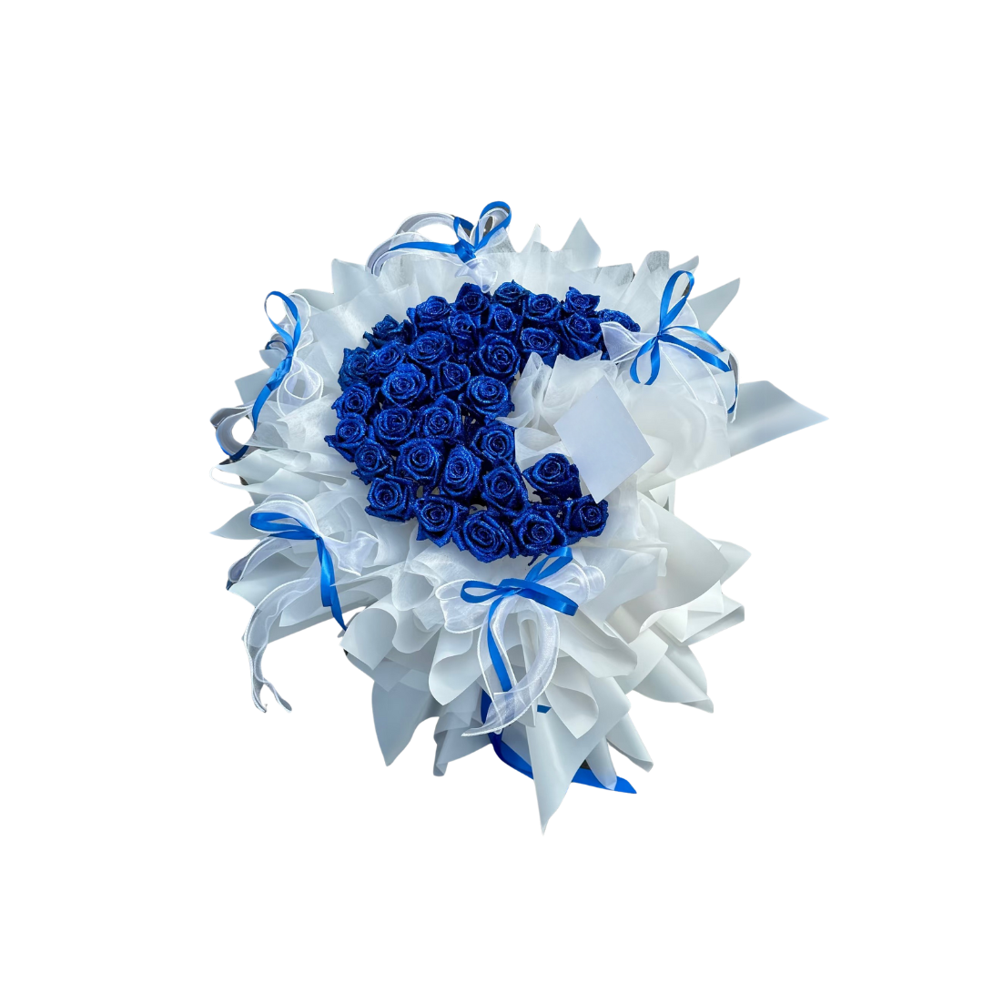 鮮花花束 - 你和我(月亮型藍色妖姬玫瑰)-33枝(白色花紙)
