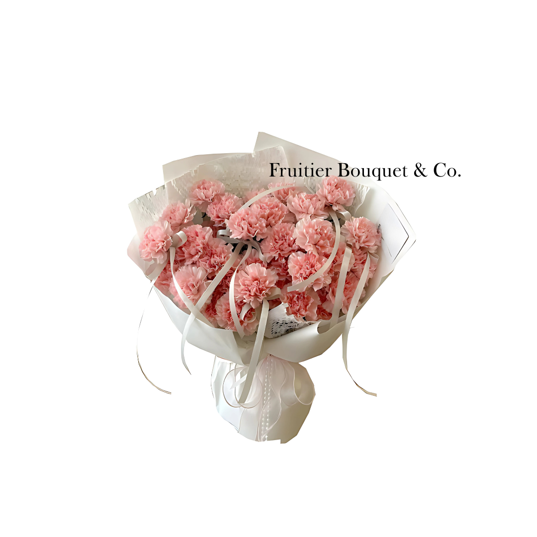 鮮花花束 - 粉色康乃馨絲帶花束(白色花紙)11枝/33枝