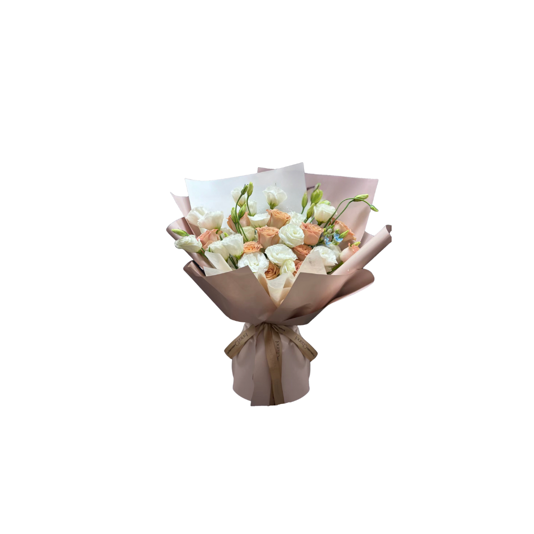 鮮花花束 - 粉橘玫瑰混搭洋桔梗 - M (奶啡色花紙)