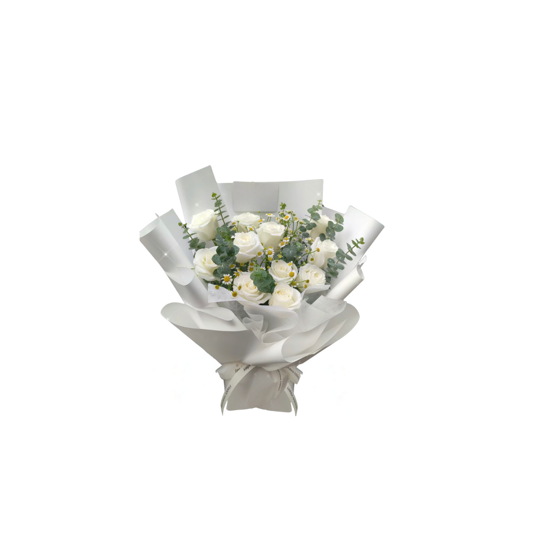 鮮花花束 - 白玫瑰混搭小初菊 - M (白色花紙)