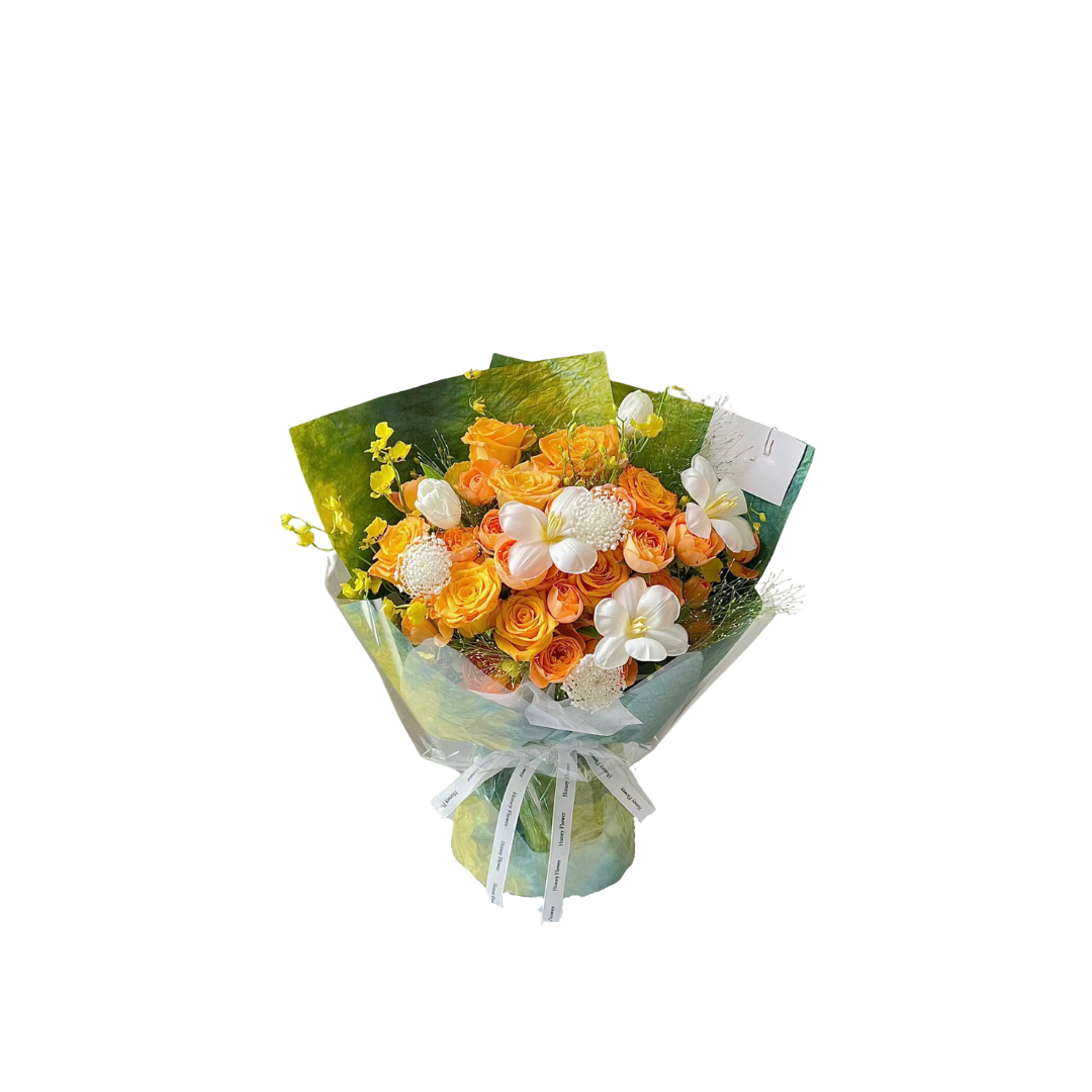 鮮花花束 - 橘色多頭玫瑰混搭鬱金香 - M (小王子漸變色花紙)