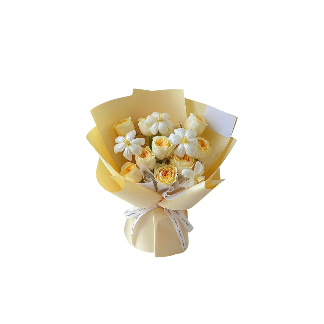 鮮花花束 - 香檳玫瑰混搭鬱金香 - S (淡黃色花紙)