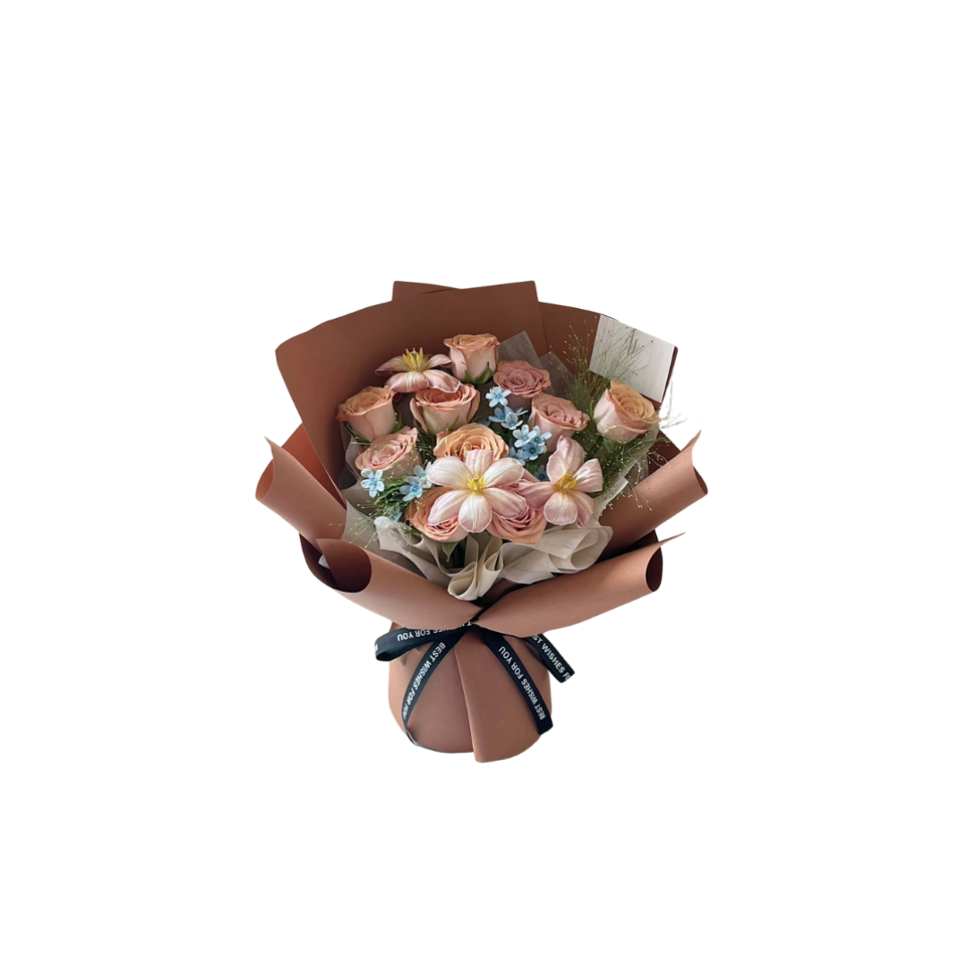鮮花花束 - Cappuccino 玫瑰混搭鬱金香 - M (啡色花紙)