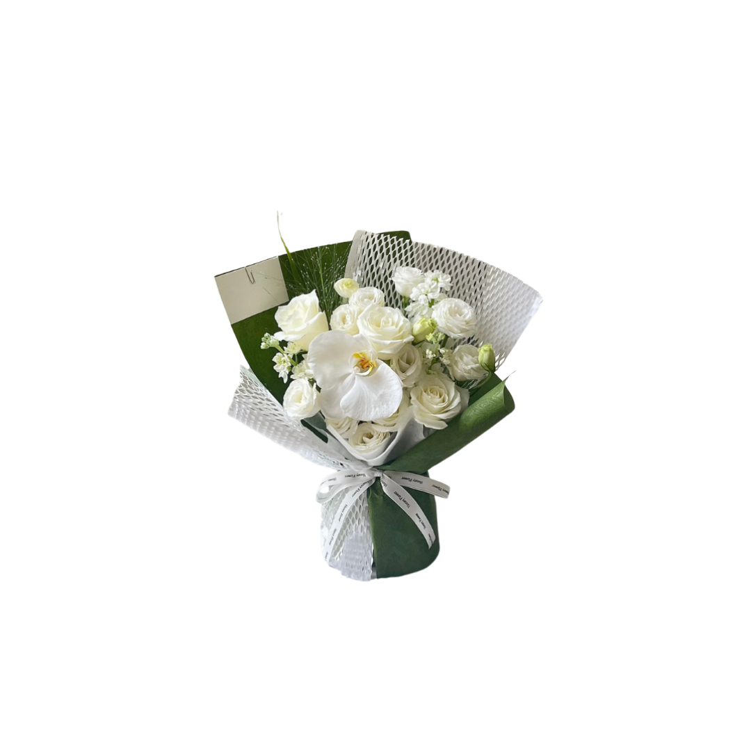 鮮花花束 - 白玫瑰混搭蝴蝶蘭 - S (白綠色花紙)