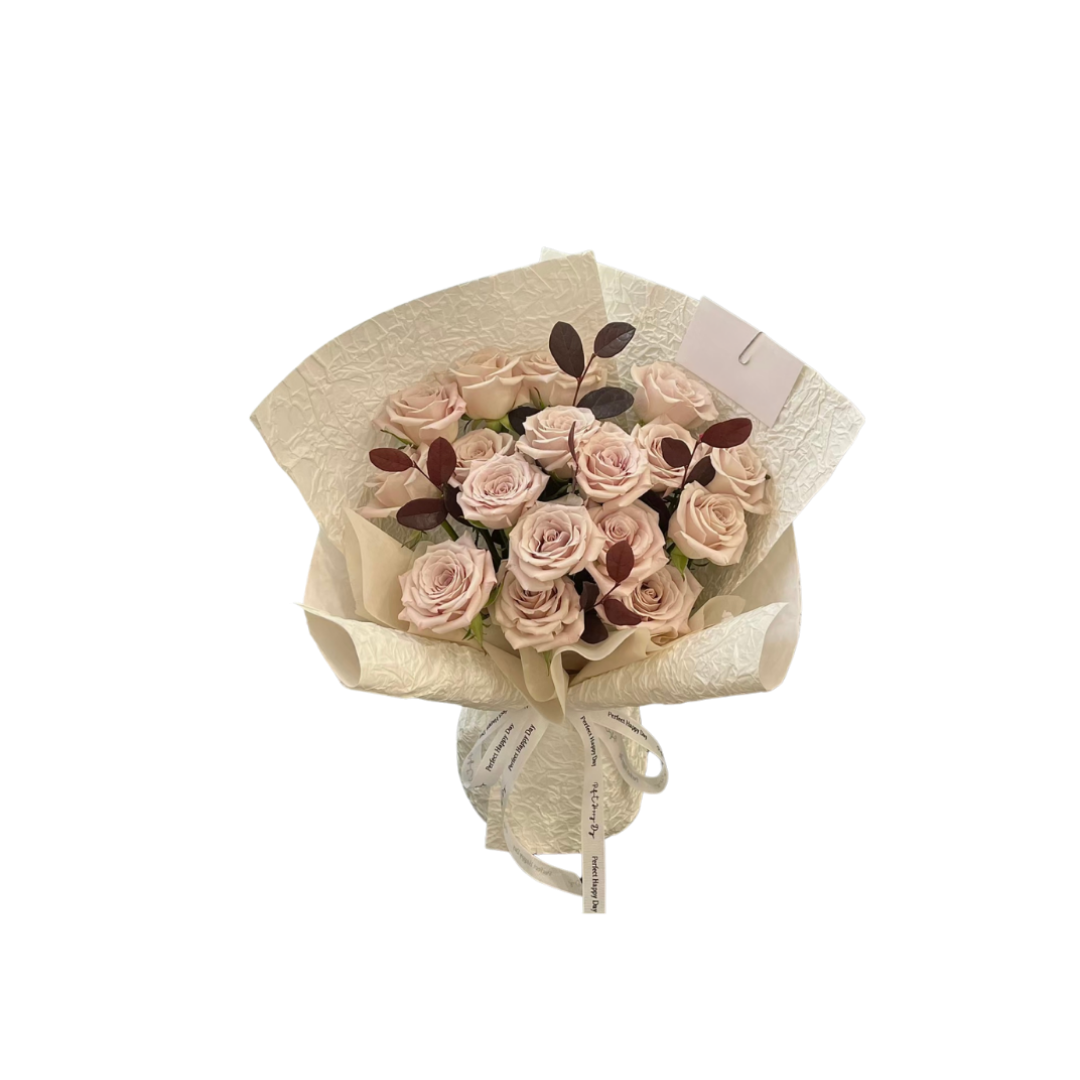 鮮花花束 - Cappuccino 玫瑰 - 19枝 (米黃色花紙)