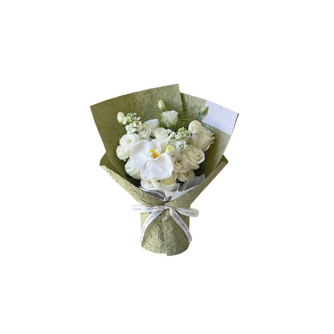 鮮花花束 - 白玫瑰混搭蝴蝶蘭 - S (綠色壓紋花紙)
