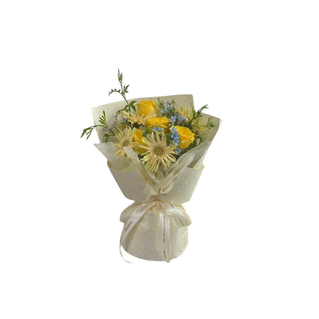 鮮花花束 - 黃玫瑰混搭非洲菊 - S (黃色壓紋花紙)