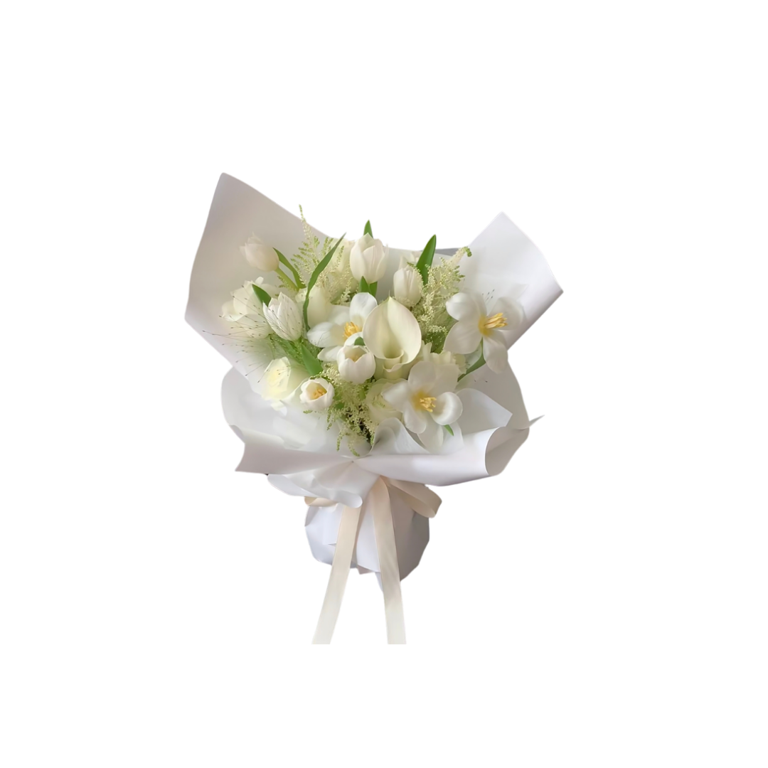 鮮花花束 - 馬蹄蘭混搭鬱金香 - S (白色花紙)