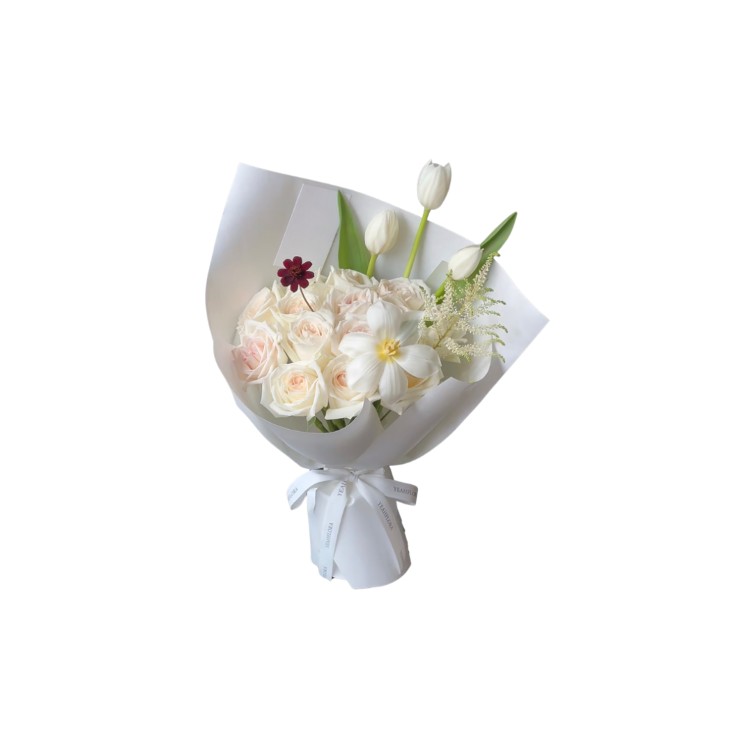 鮮花花束 - 白玫瑰混搭鬱金香 - S (白色花紙)