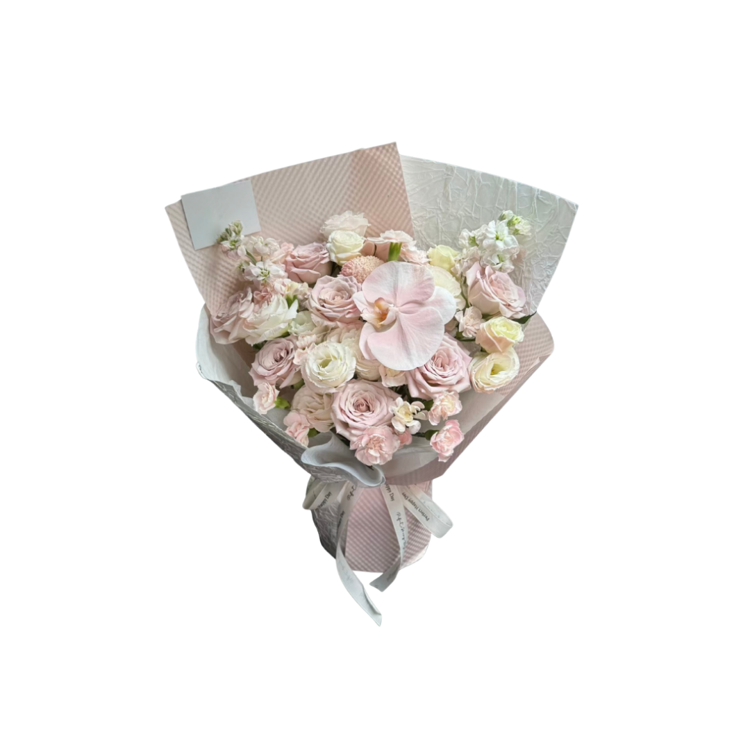 鮮花花束 - 粉玫瑰混搭蝴蝶蘭 - M (粉白色花紙)