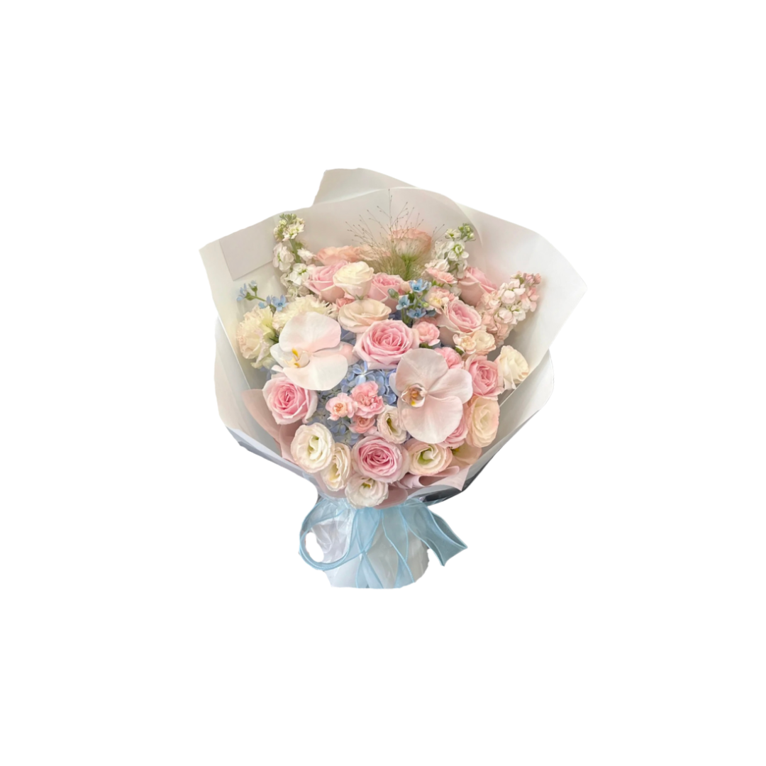 鮮花花束 - 粉玫瑰混搭繡球花 - L (粉白色花紙)