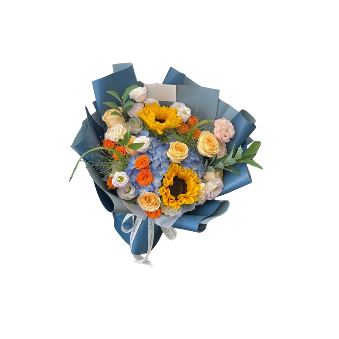 鮮花花束 - 太陽花混搭繡球花 - L (湖水藍花紙)