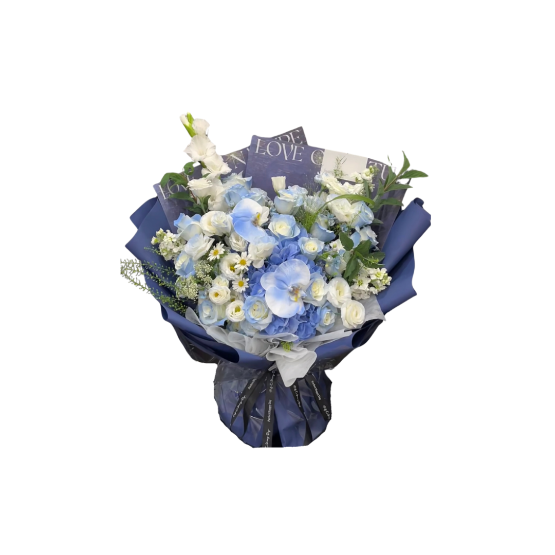 鮮花花束 - 碎冰藍玫瑰混搭繡球花 - L (深藍花紙)