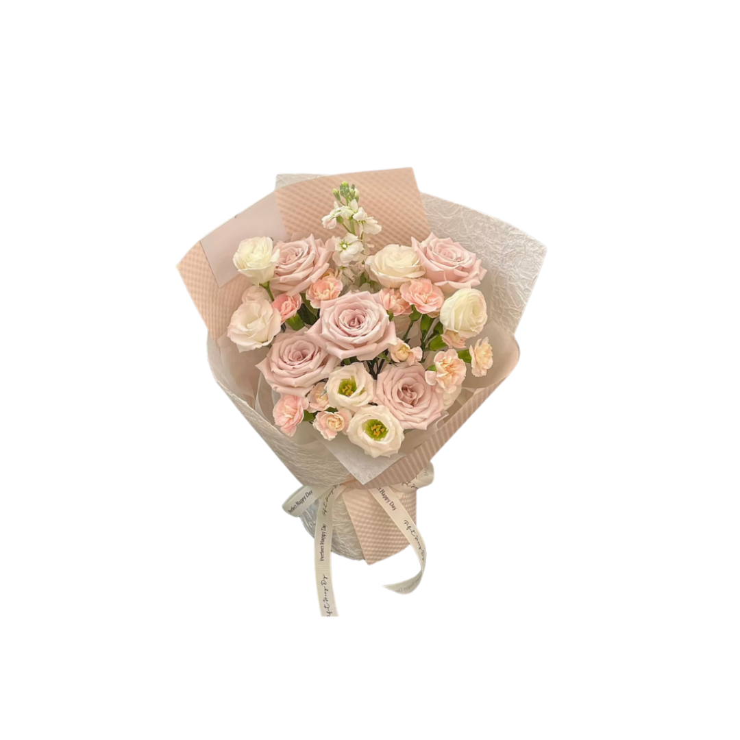 鮮花花束 - 粉玫瑰混搭洋桔梗 - S (粉白色花紙)