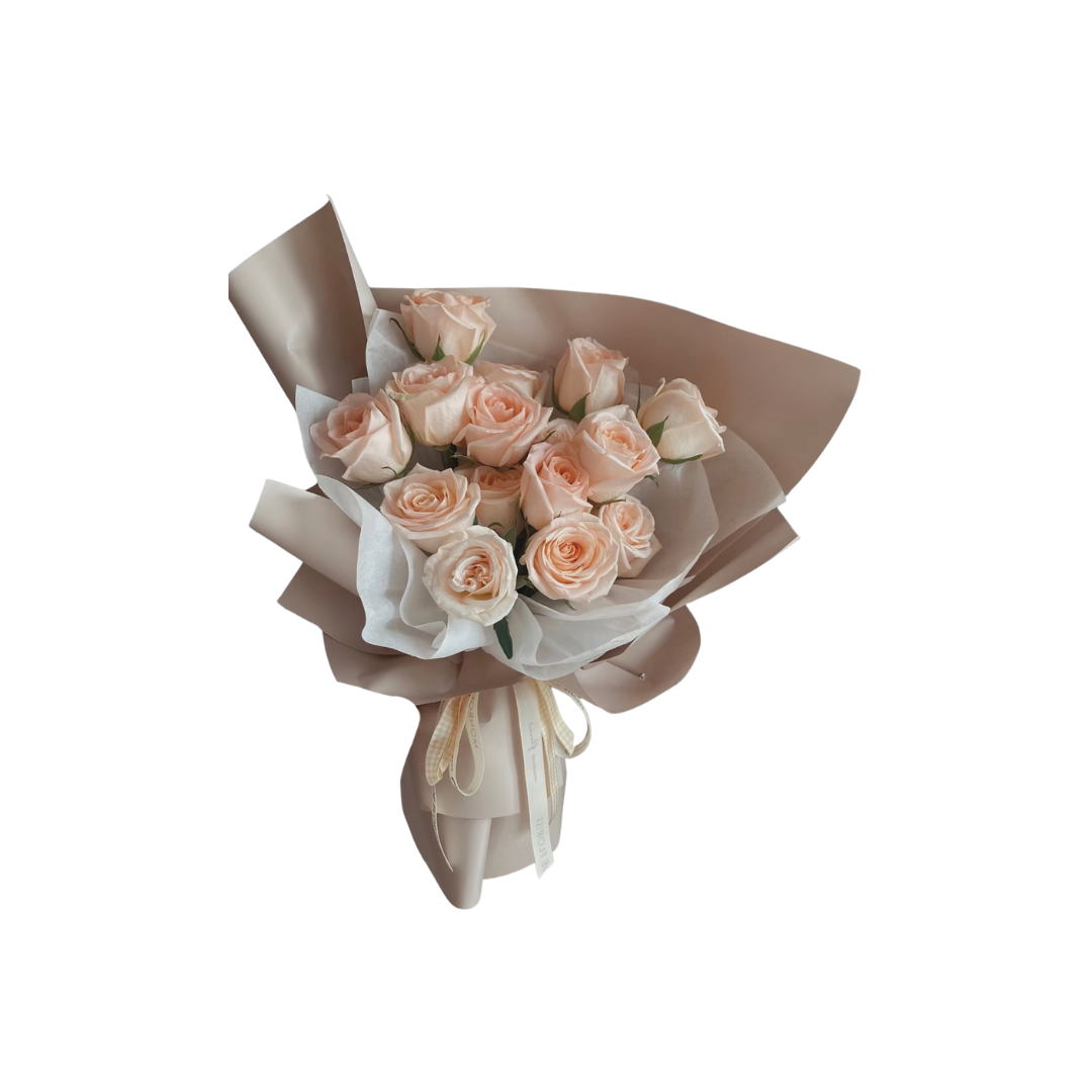 鮮花花束 - 粉玫瑰 - 14枝 (奶啡色花紙)