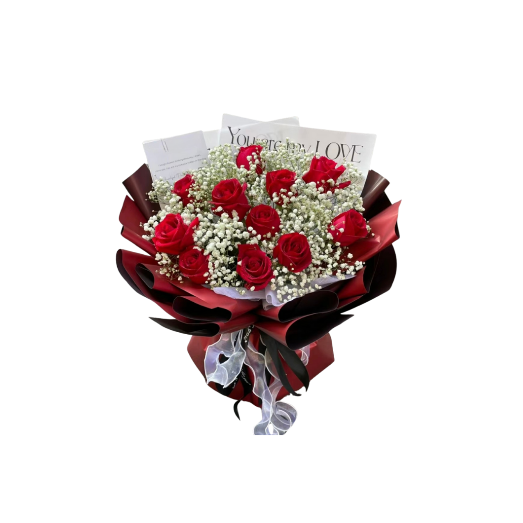 鮮花花束 - 紅玫瑰混搭滿天星 - 11枝/19枝/33枝 (紅色花紙)