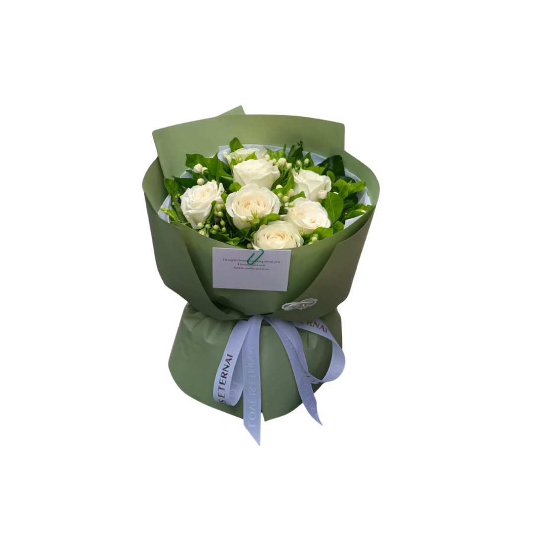 鮮花花束 - 白玫瑰混搭 - S (綠色花紙)