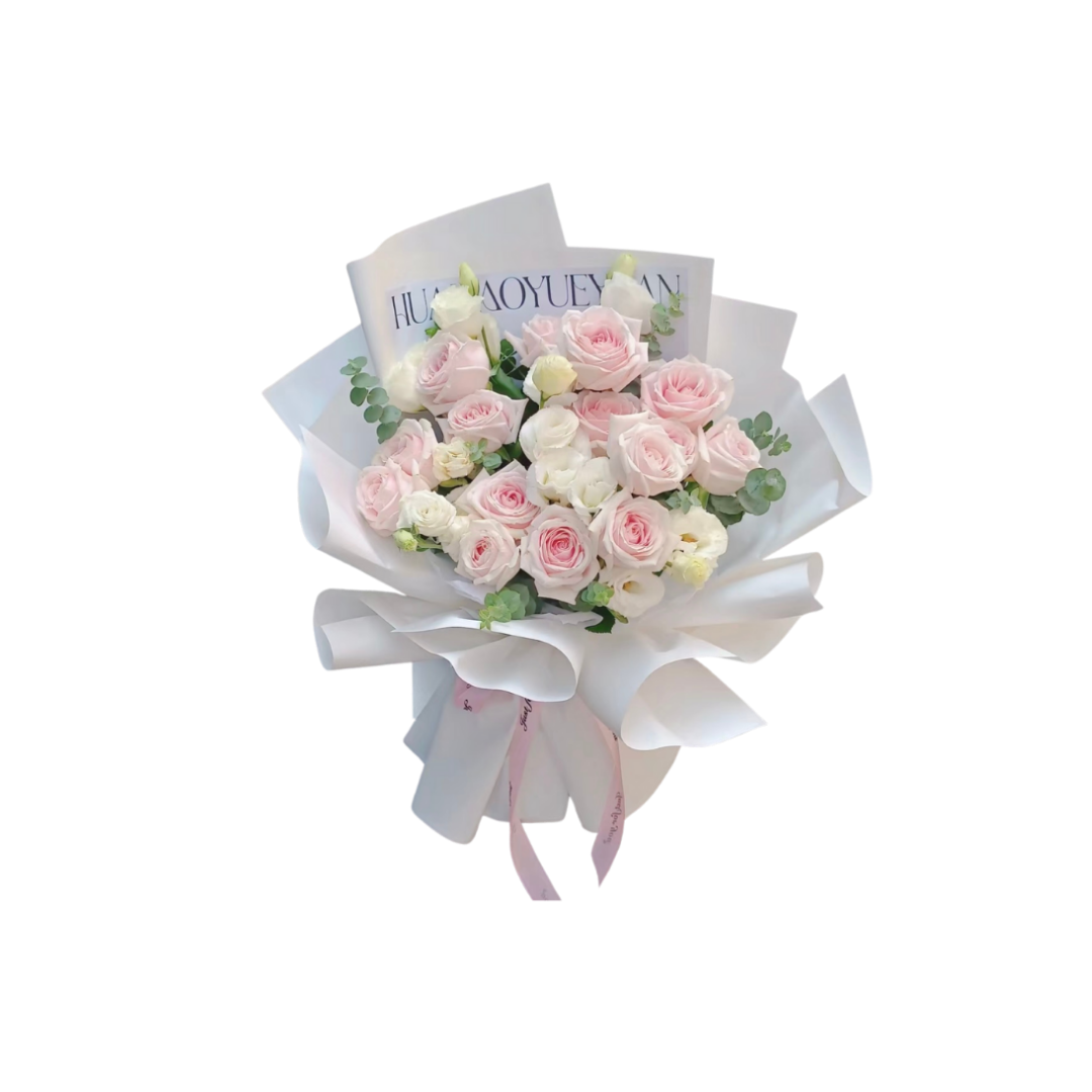 鮮花花束 - 粉玫瑰混搭洋桔梗 - M (白色花紙)