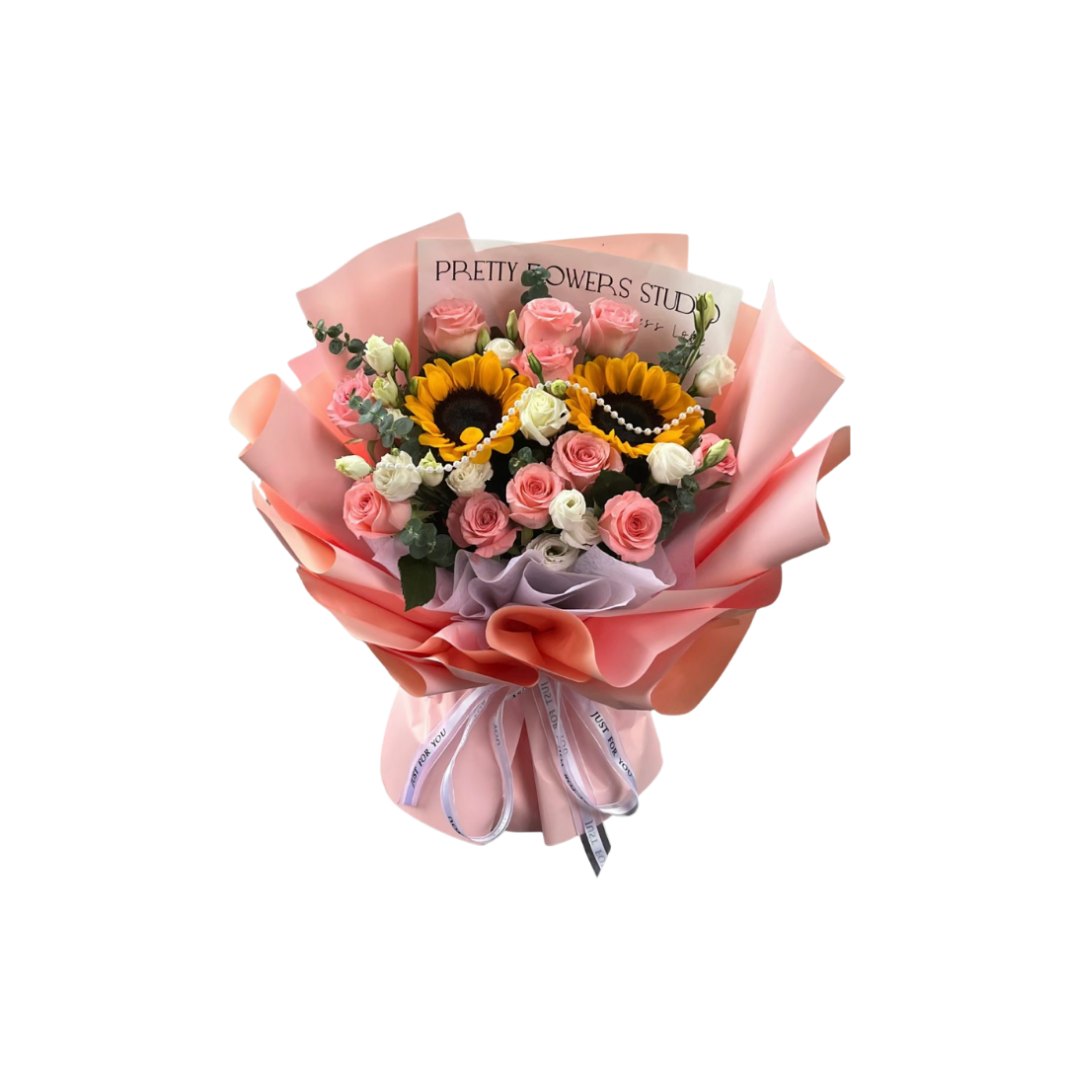 鮮花花束 - 太陽花混搭粉玫瑰 - L (粉紅色花紙)