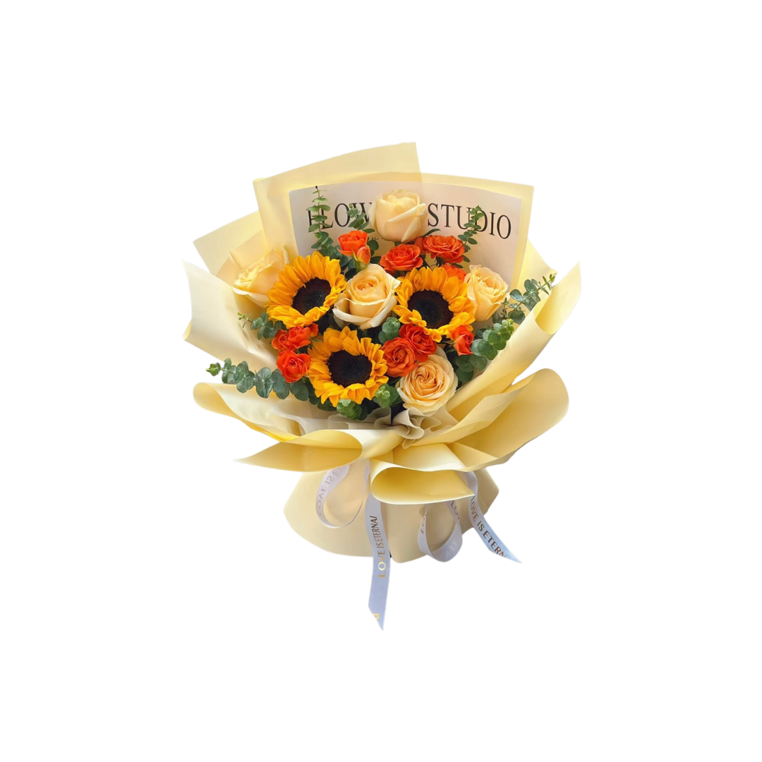 鮮花花束 - 太陽花混搭黃玫瑰 - M (黃色花紙)