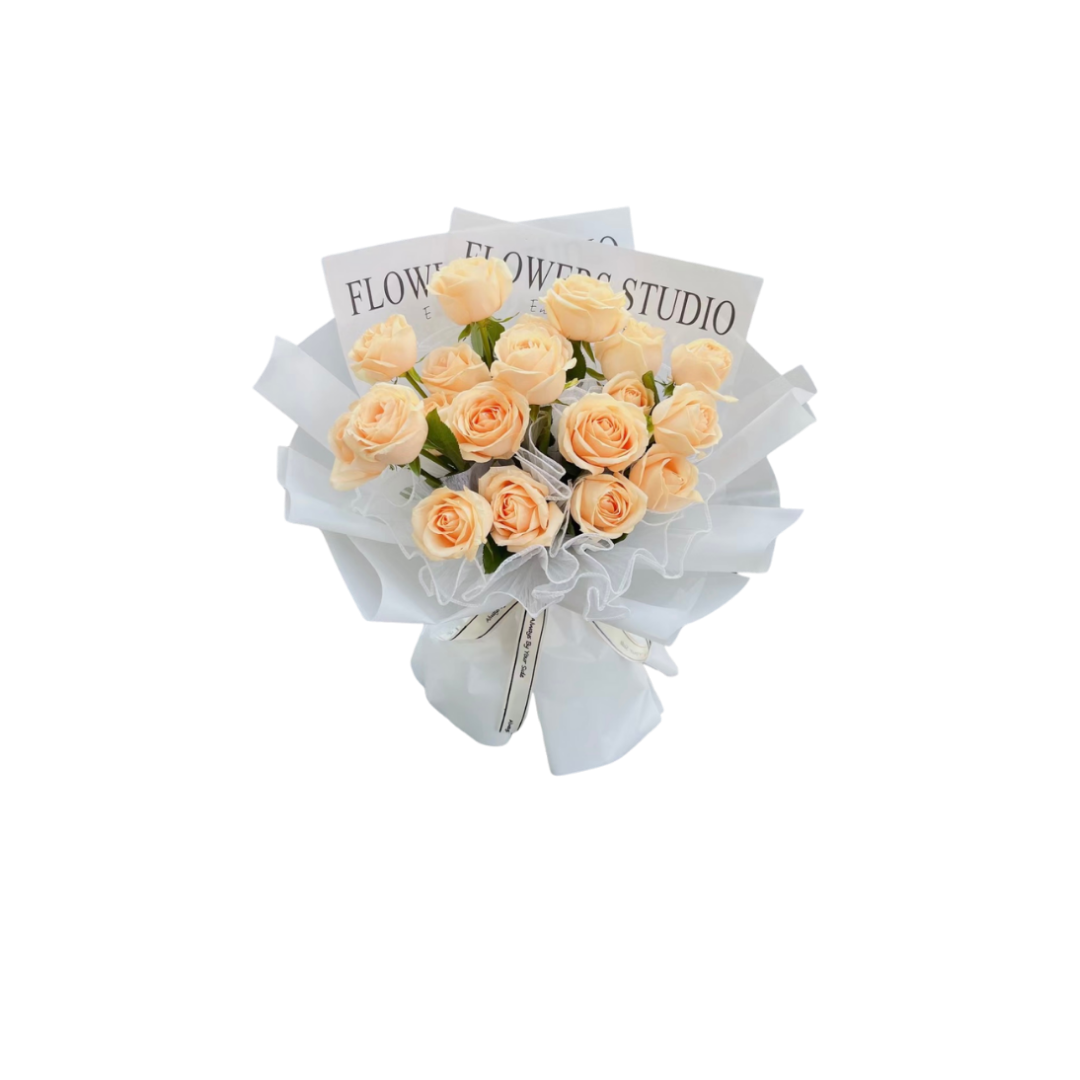 鮮花花束 - 香檳玫瑰 - 11枝/19枝/33枝/52枝 (白色花紙)