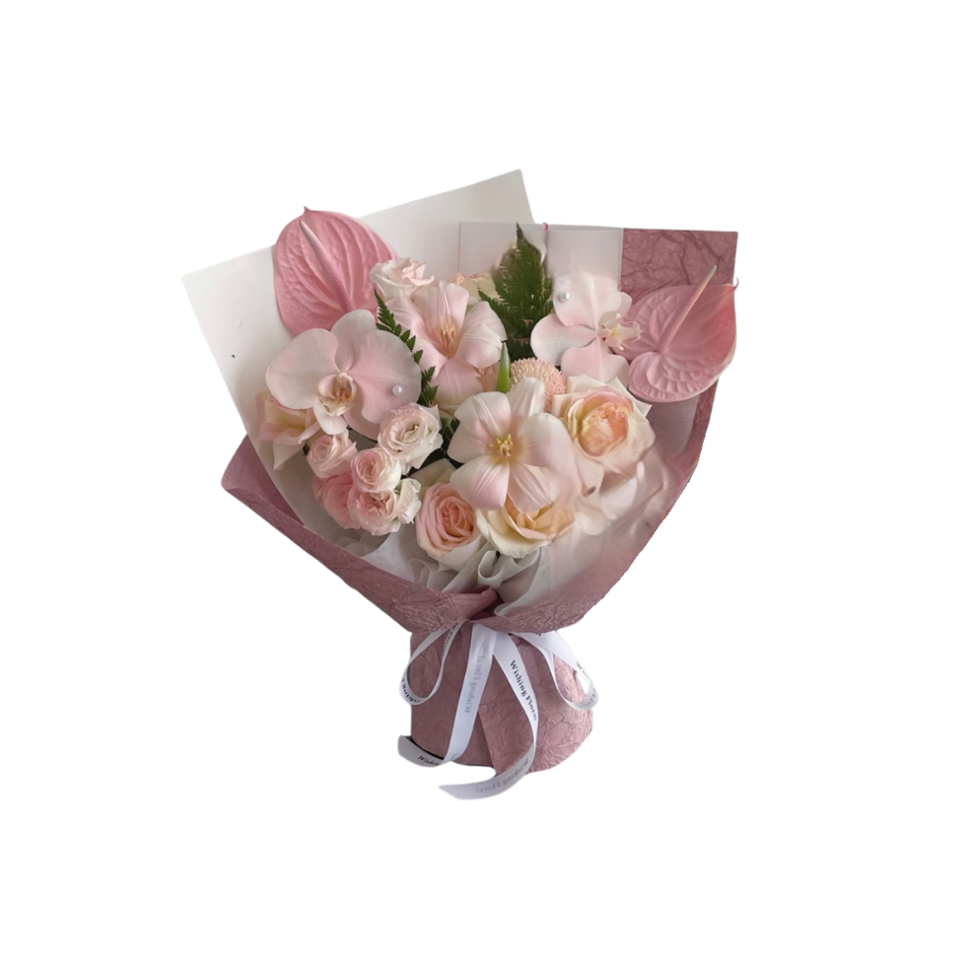 鮮花花束 - 粉玫瑰混搭蝴蝶蘭 - S (白粉色印花花紙)