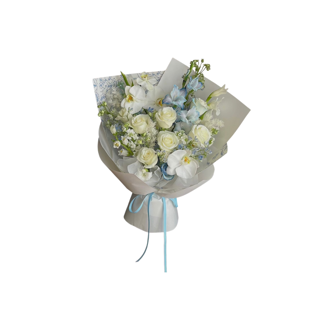 鮮花花束 - 白玫瑰混搭藍紫羅蘭 - S (粉紅色花紙)