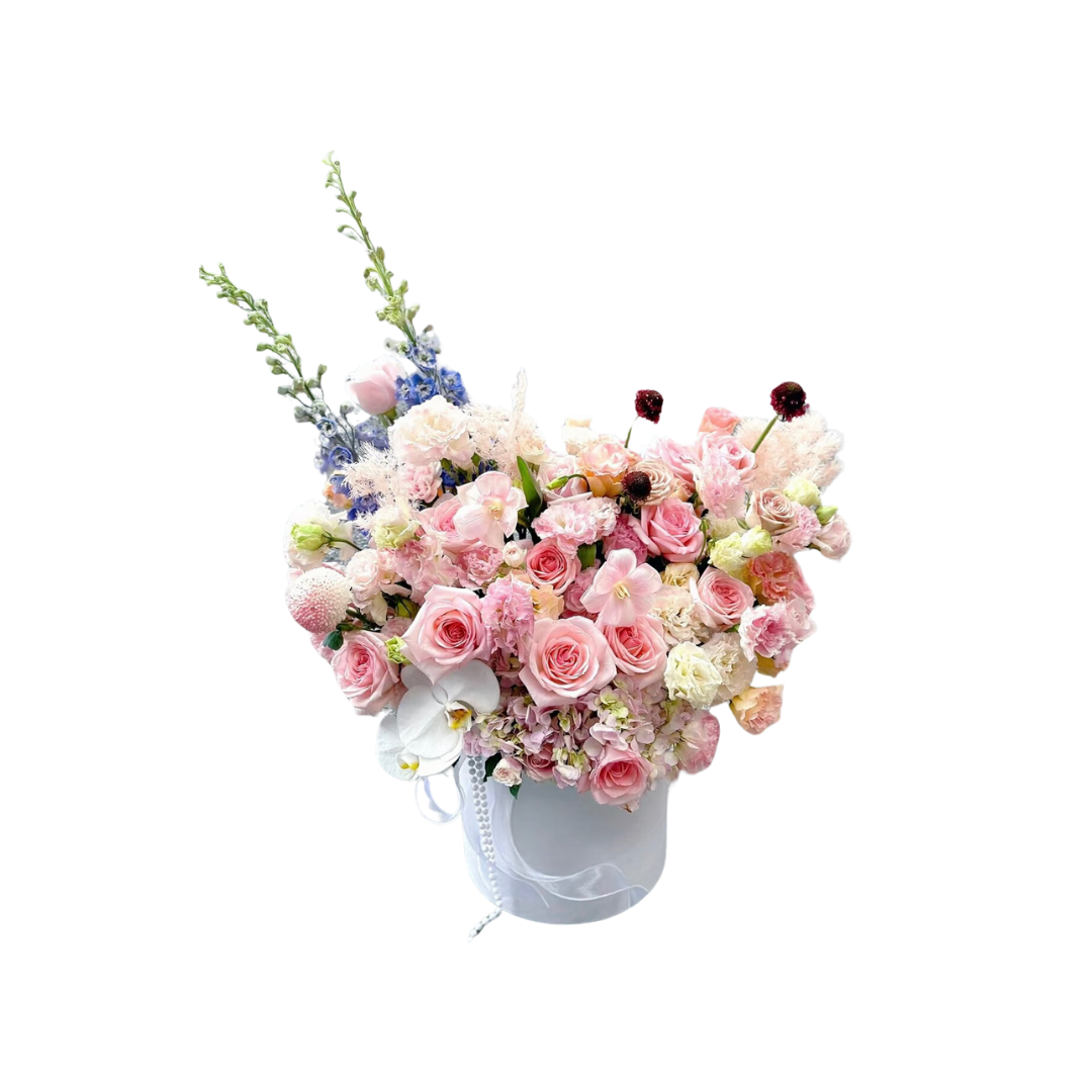 鮮花花籃 - 粉玫瑰混搭蝴蝶蘭 - XL (白色抱抱桶)