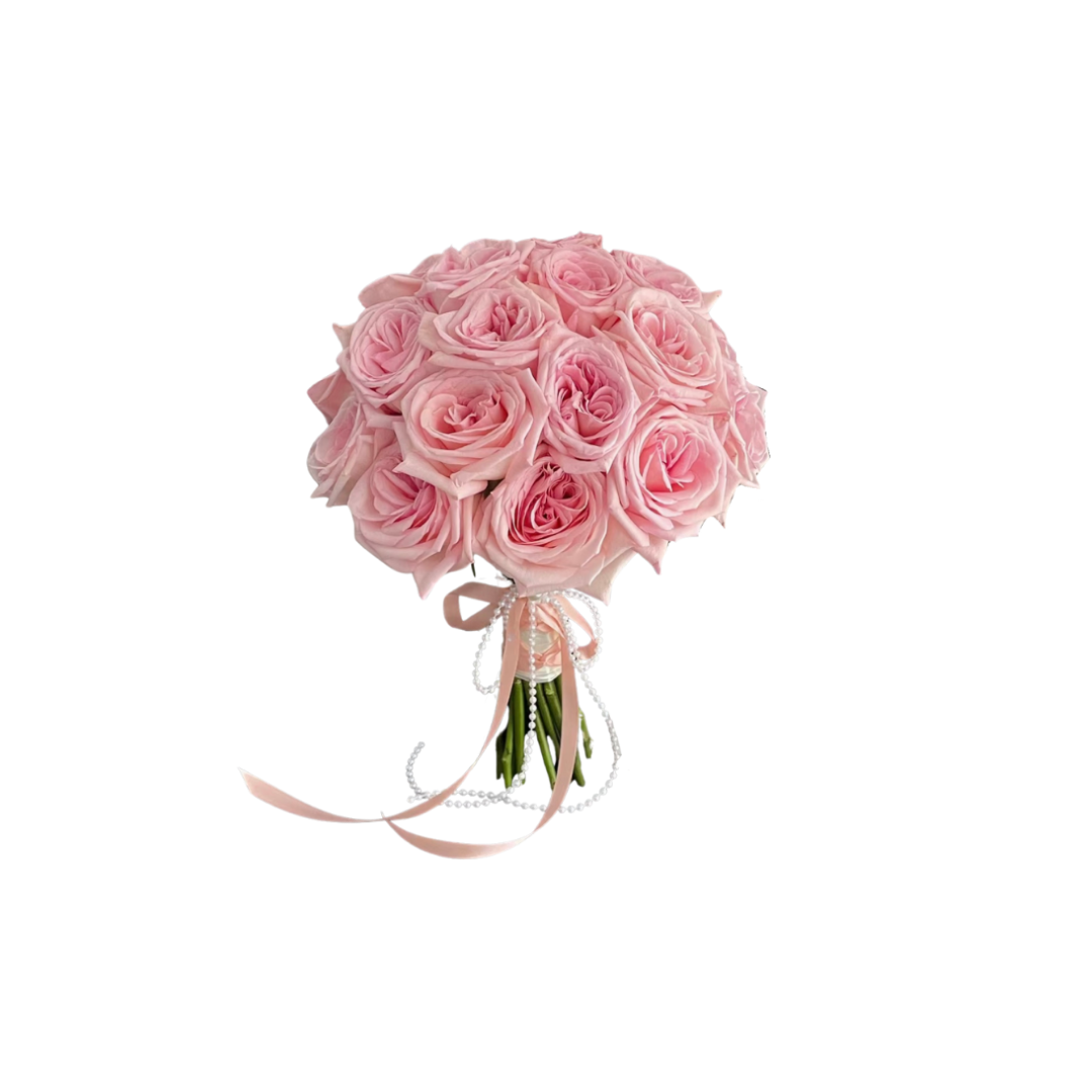鮮花花束 - 粉玫瑰手捧花 (粉色珍珠絲帶)