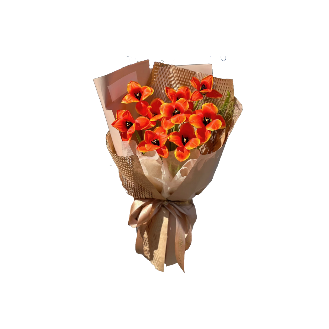 鮮花花束 - 橘色鬱金香 - 9枝 (啡色花紙)