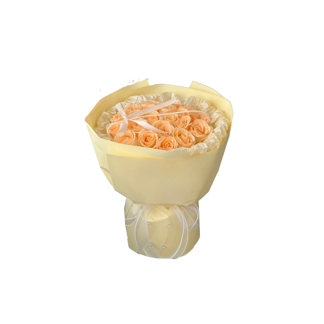 鮮花花束 - 香檳玫瑰 - 19枝/33枝/52枝 (淺黃色花紙)