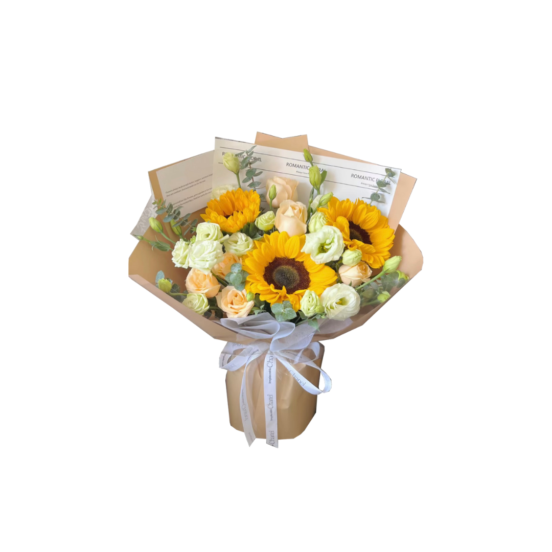 鮮花花束 - 太陽花混搭香檳玫瑰 - M (奶啡色花紙)