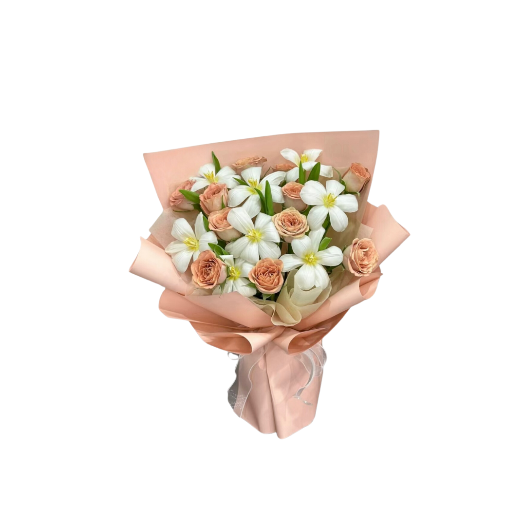 鮮花花束 - Cappuccino 玫瑰混搭鬱金香 - M (粉色花紙)