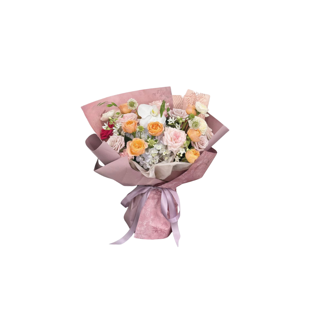 鮮花花束 - 多色玫瑰混搭蝴蝶蘭 - M (粉紫色印花花紙)
