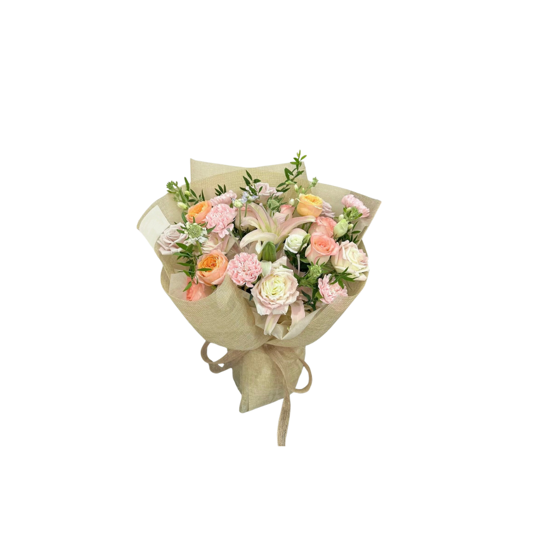 鮮花花束 - 多色玫瑰混搭康乃馨 - M (麻布花紙)