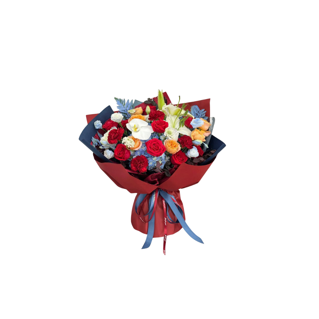 鮮花花束 - 多色玫瑰混搭繡球花 - L (紅藍色花紙)