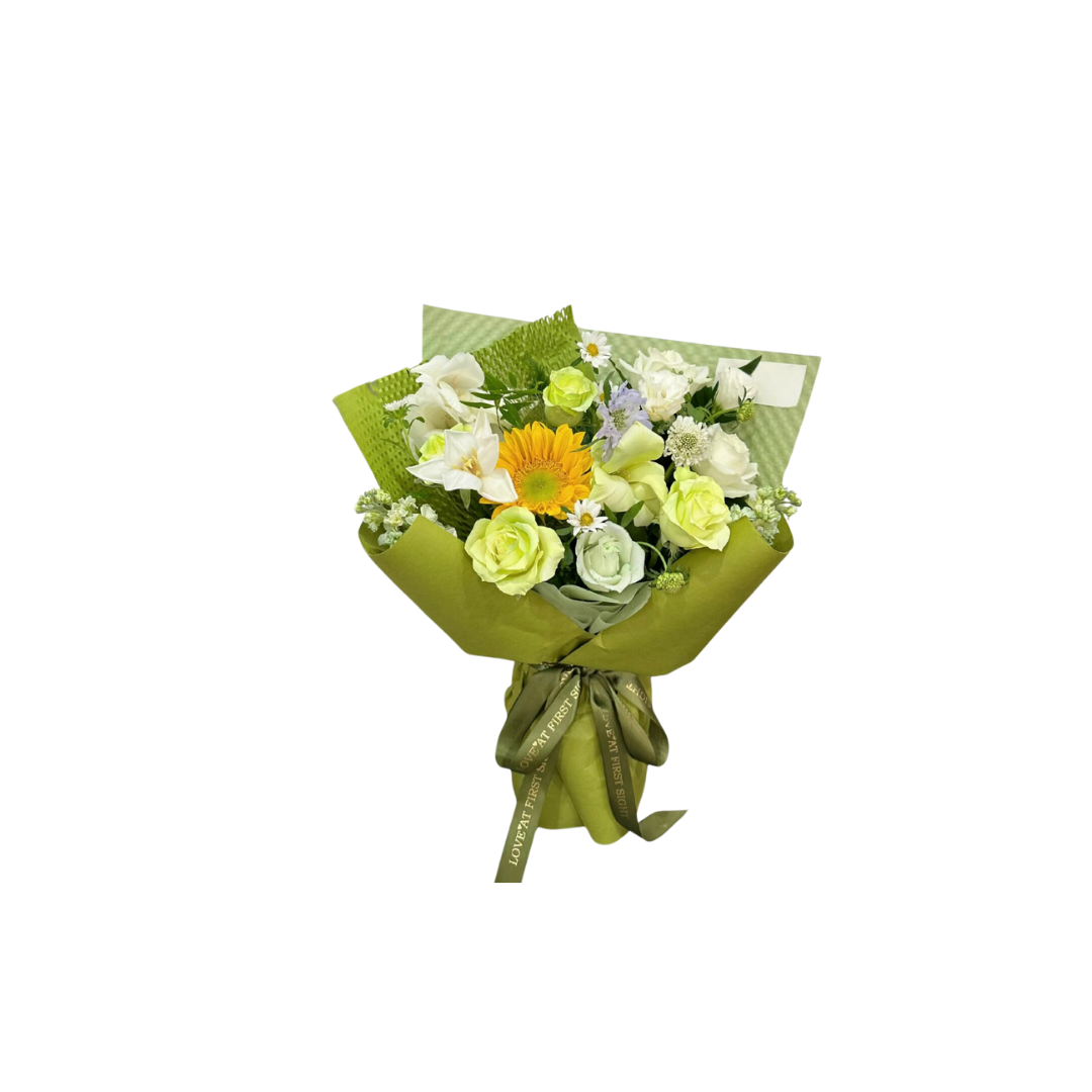 鮮花花束 - 太陽花混搭白玫瑰 - S (綠色花紙)