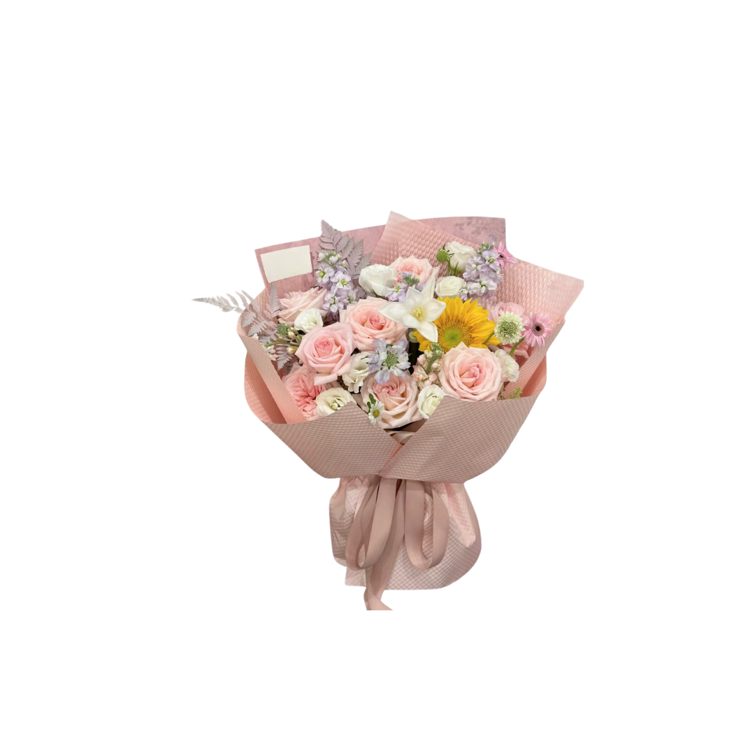 鮮花花束 - 太陽花混搭粉玫瑰 - S (粉紅色印花花紙)