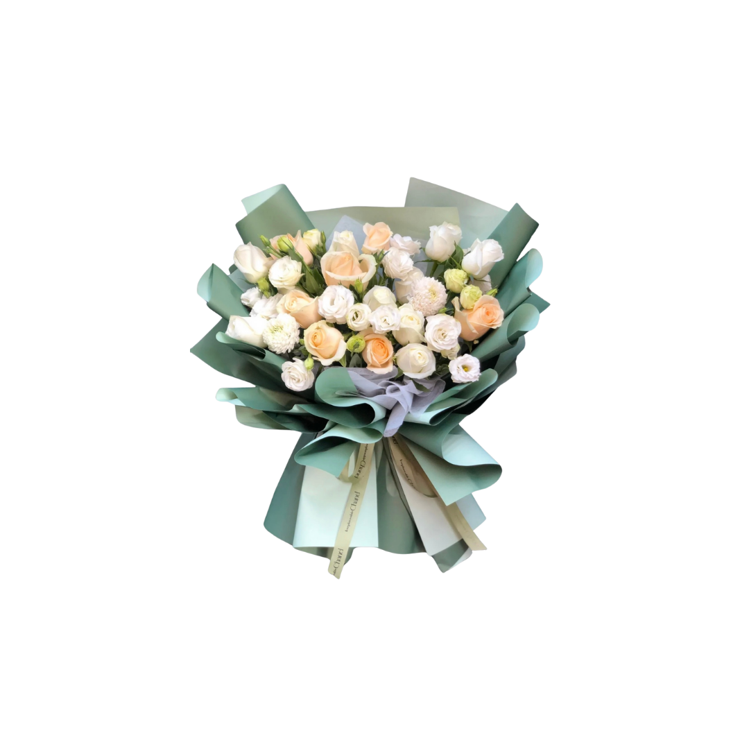 鮮花花束 - 香檳玫瑰混搭洋桔梗- L (綠色花紙)