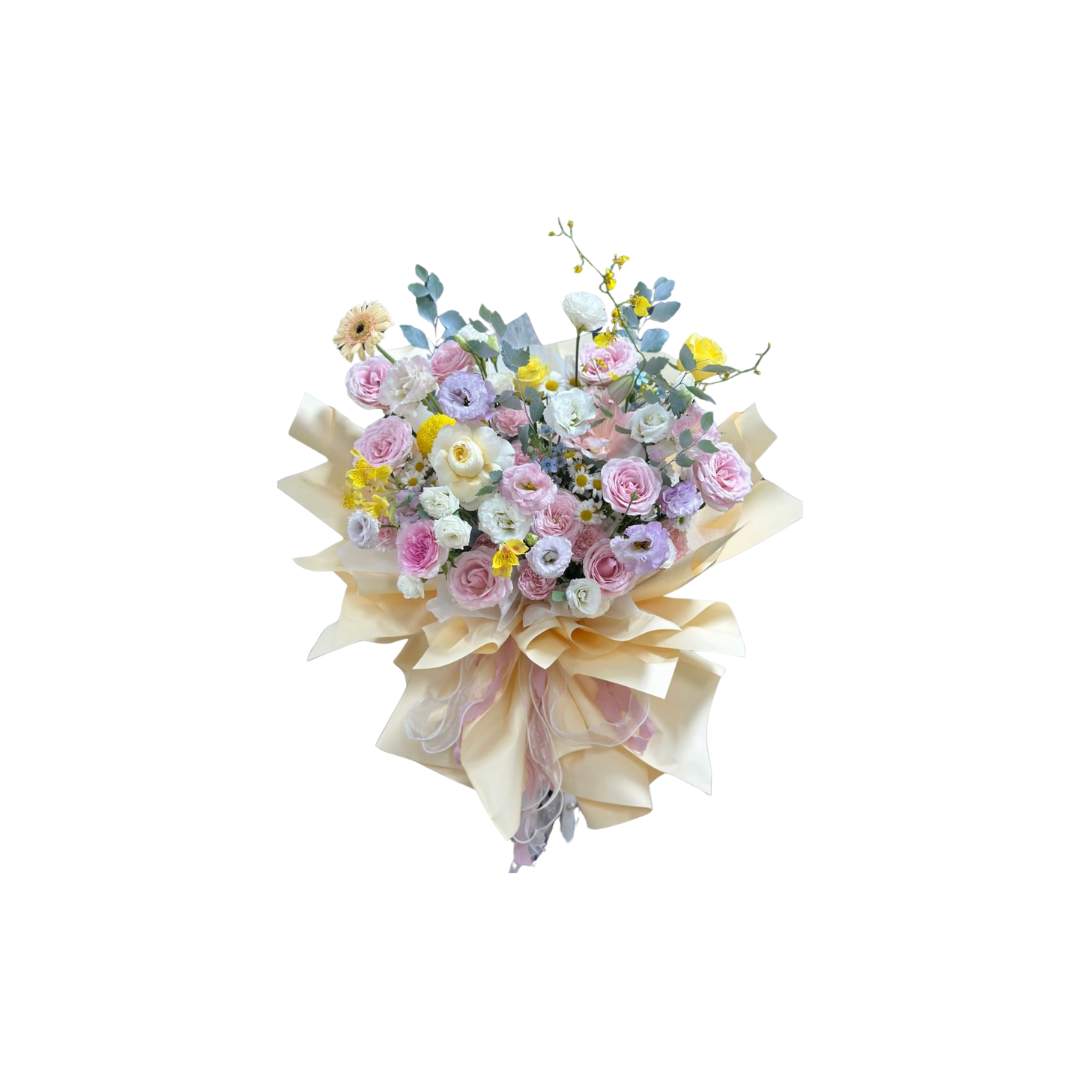 鮮花花束 - 粉玫瑰混搭洋桔梗 - L (米色花紙)