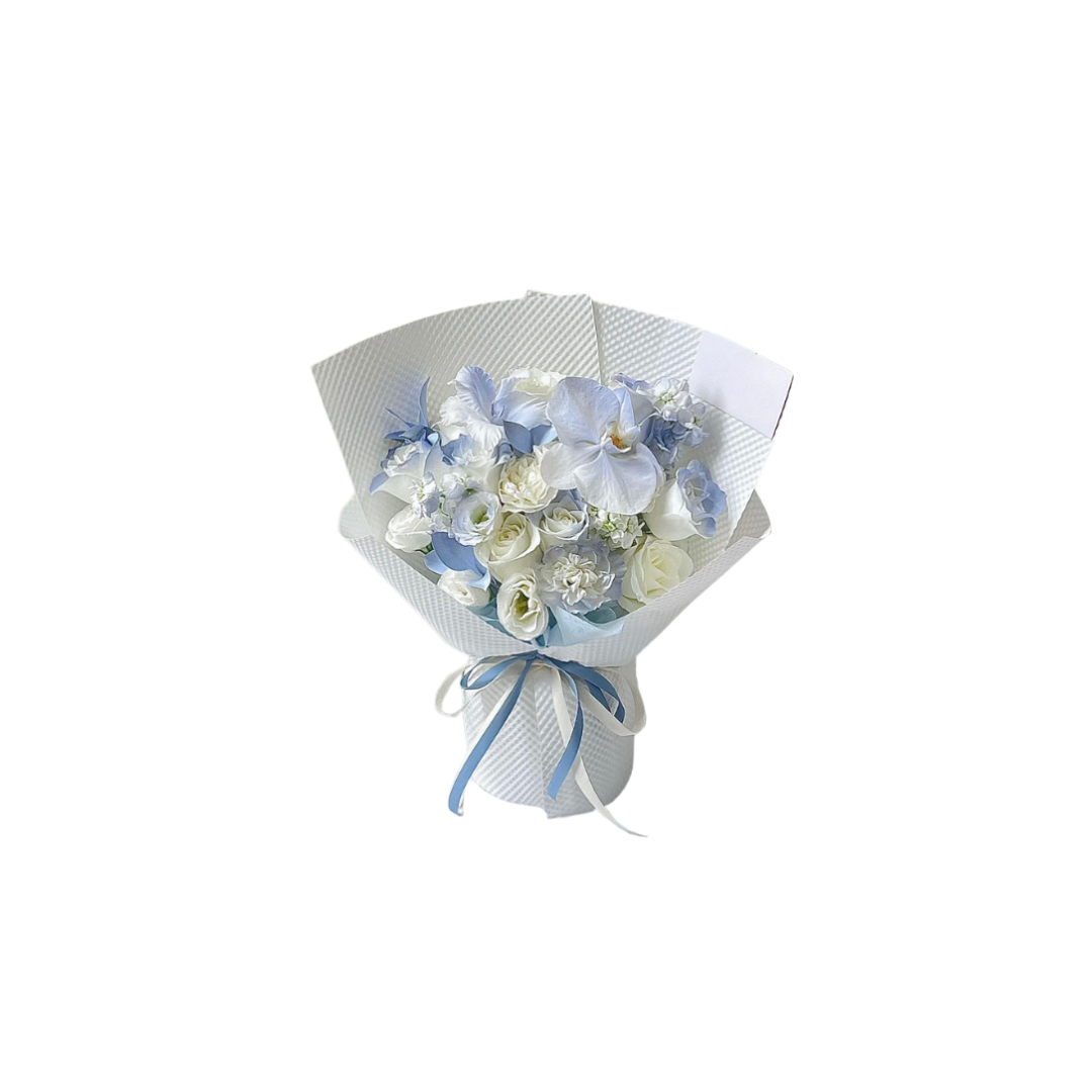 鮮花花束 - 碎冰藍玫瑰混搭蝴蝶蘭 - S (白色花紙)