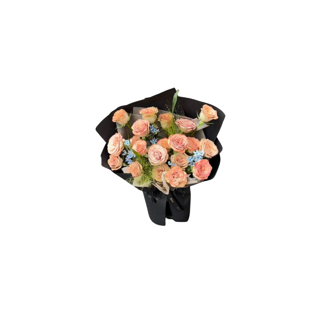 鮮花花束 - Cappuccino 玫瑰混搭粉玫瑰 - L (黑色花紙)