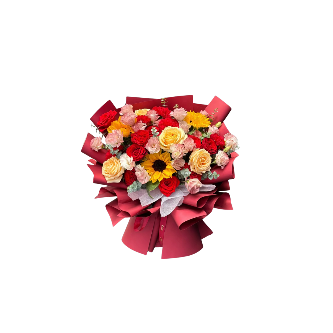 鮮花花束 - 多色玫瑰混搭太陽花 - L (紅色花紙)