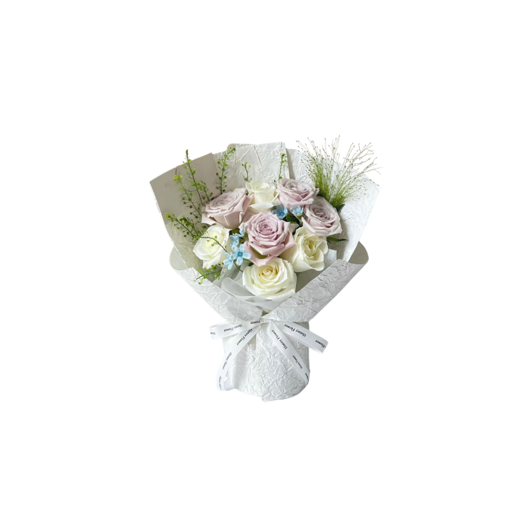 鮮花花束 - 白紫玫瑰 - 9枝 (白色壓紋花紙)