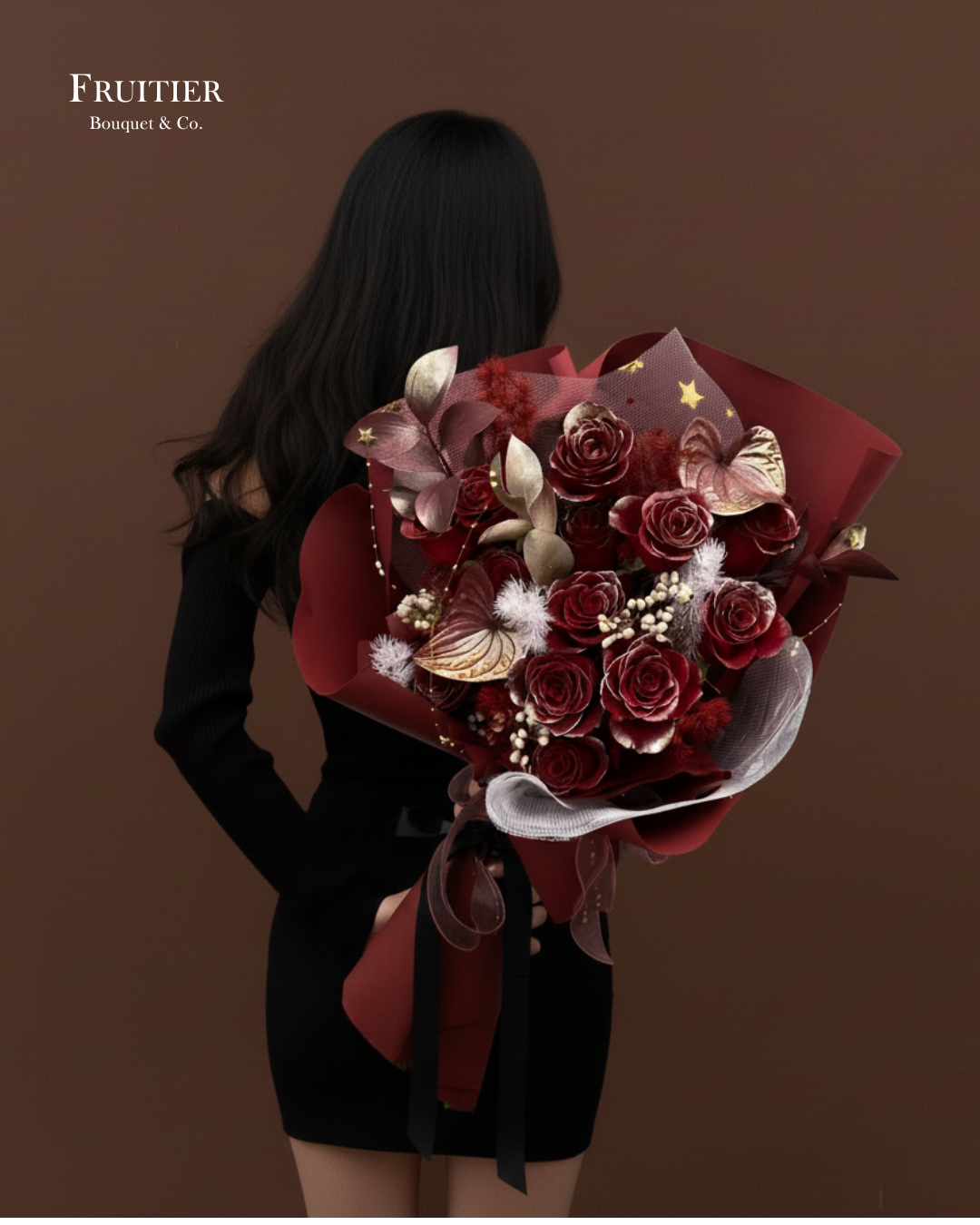 鮮花花束 - 聖誕紅金主題玫瑰花束