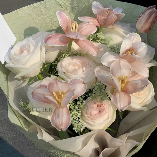 Light pink roses mixed with tulips  bouquet