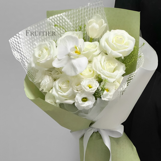 White roses mixed with phalaenopsis mini bouquet