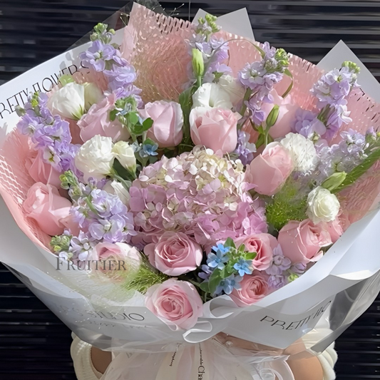 Mixed pink and purple hydrangea bouquet