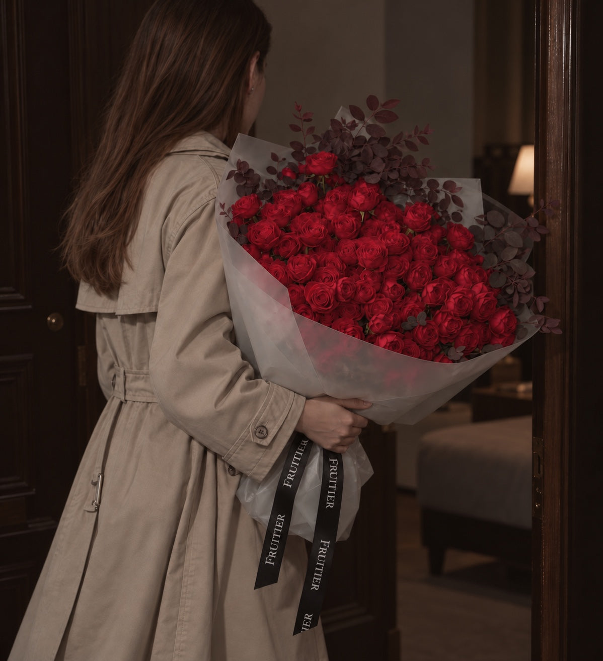 Autumn Rose Reverie deep red spray roses in a fashion editorial homecoming scene